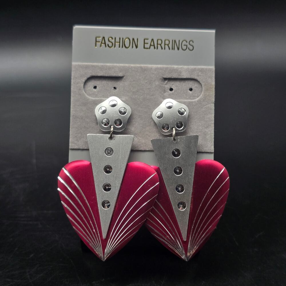 Red Metallic Heart Earrings Silver Tone Pierced Vintage 1980s Rock Edgy NOS NWT